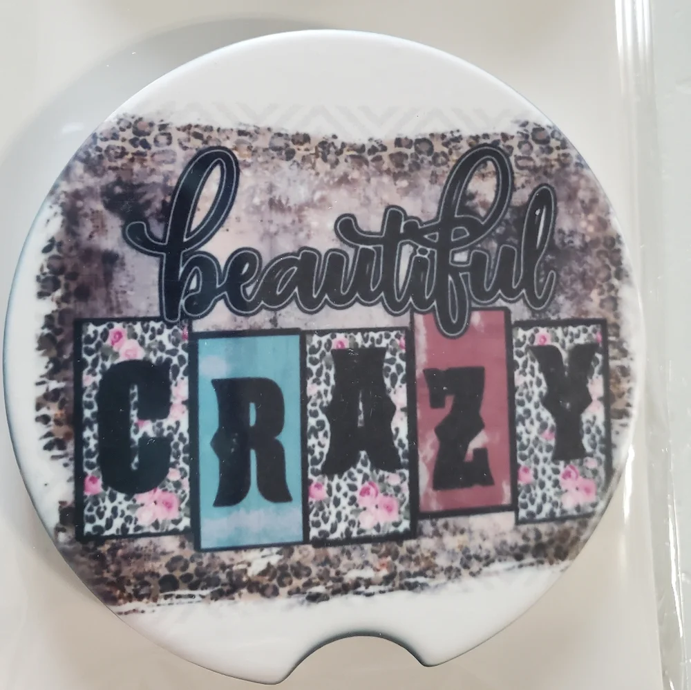 beautiful CRAZY Set Of 2 Ceramic Car Coasters